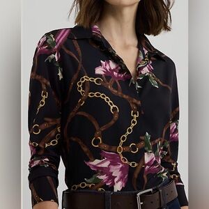 NWT Women Lauren RALPH LAUREN Classic black floral romantic Spring shirt small